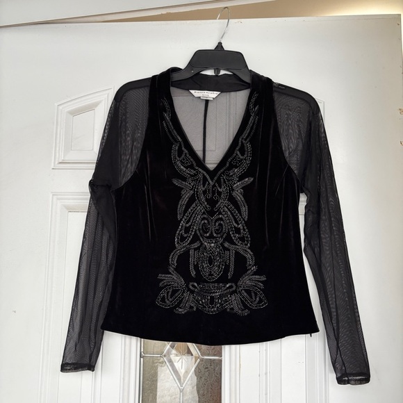 Beaded Black Mesh Long Sleeve Top Size 10 - Picture 1 of 9